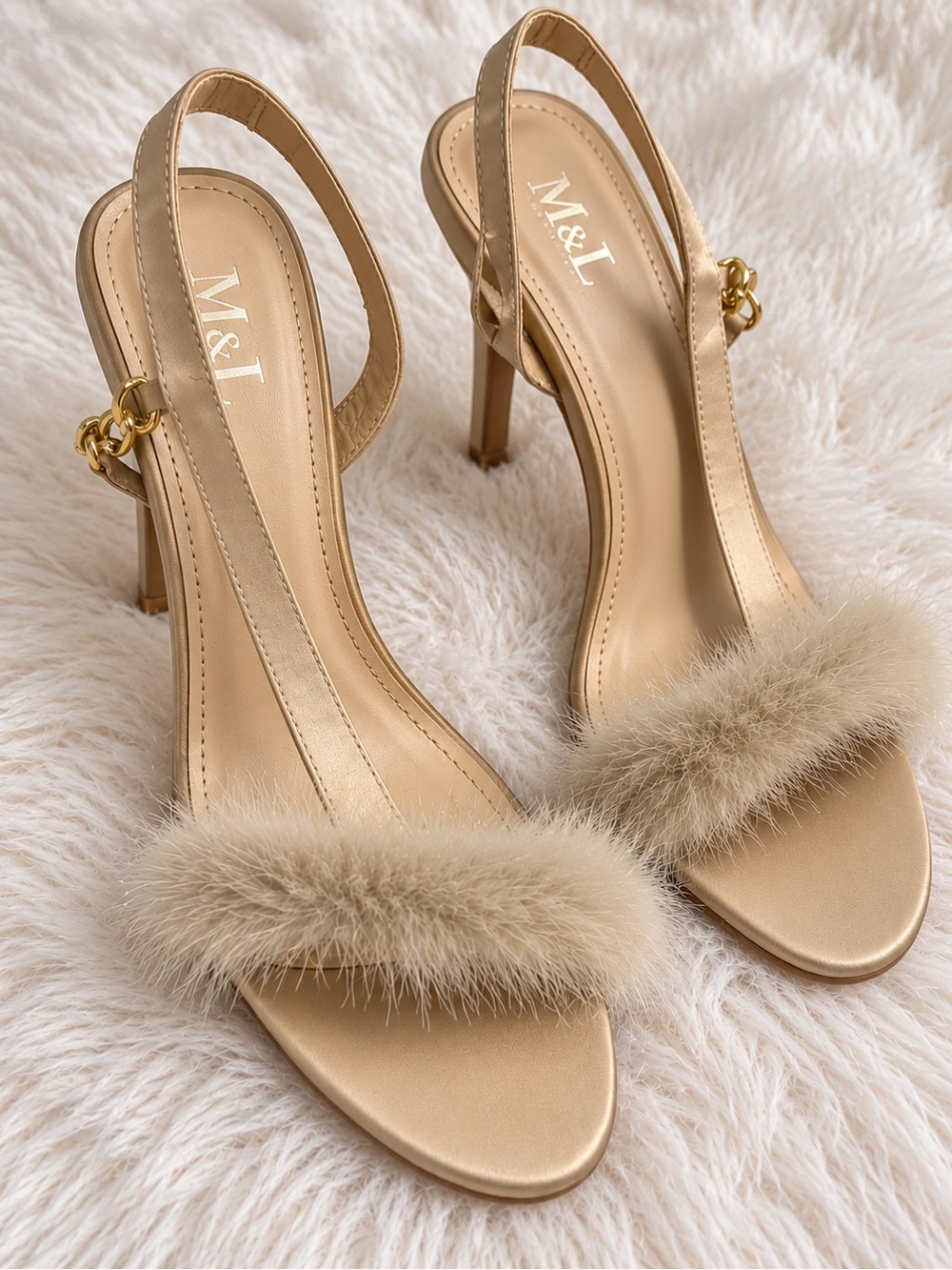 Gold Slingback Fur-Trim High Heel Sandals